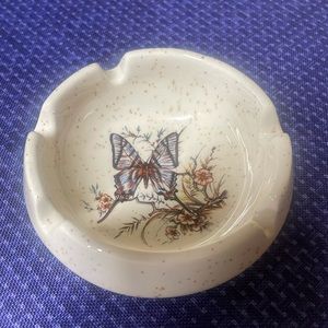 Pic Tic floral & blue butterfly Speckled Ashtray/trinket dish made in USA